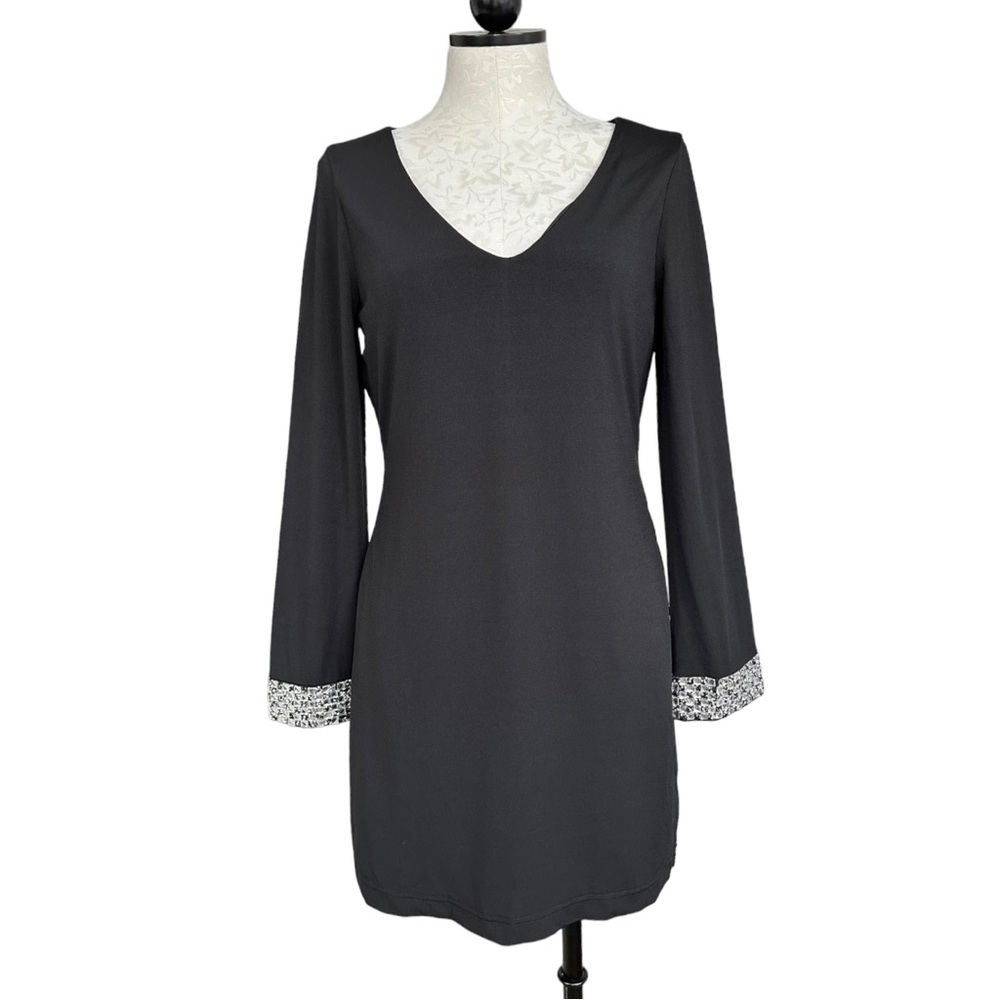 Venus Little Black Dress V-Neck Long Sleeves Sparkly Jeweled Cuffs Size Small